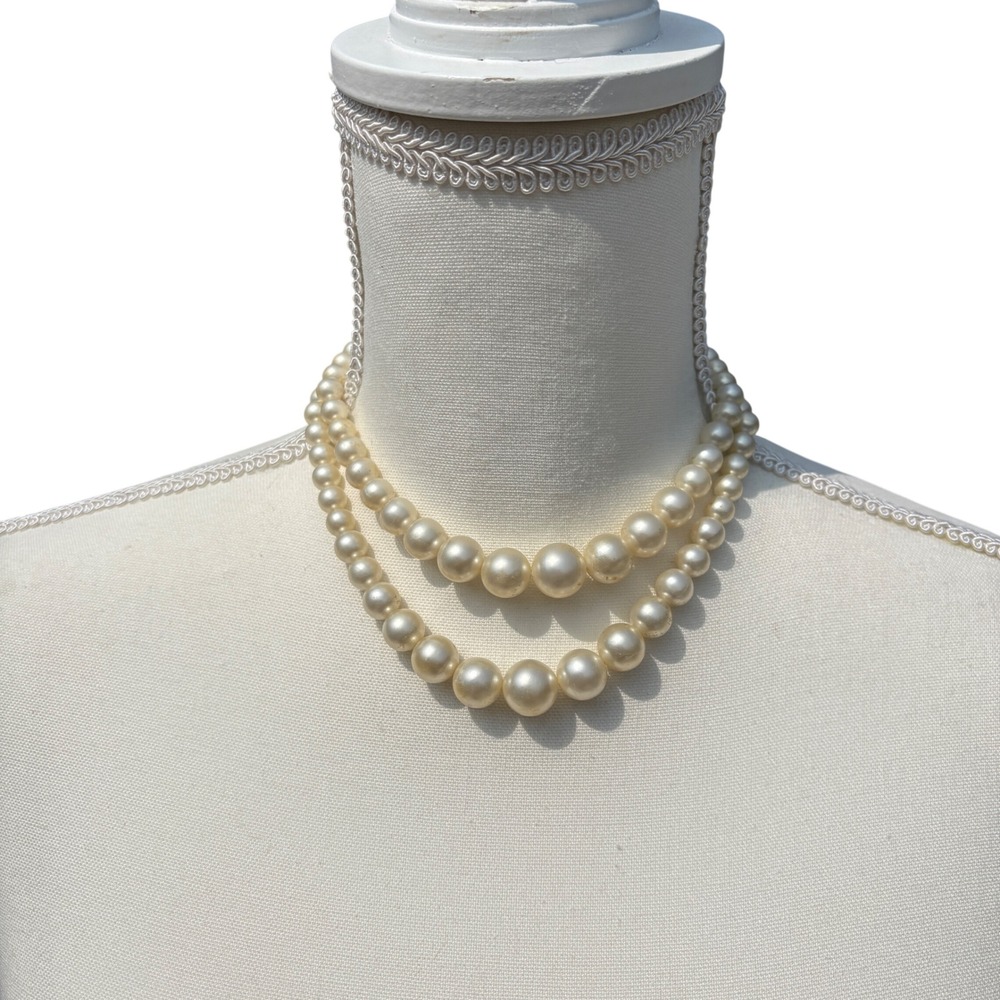 Vtg Double Strand Faux Pearl Necklace Japan 14" Choker Women Cream Graduated